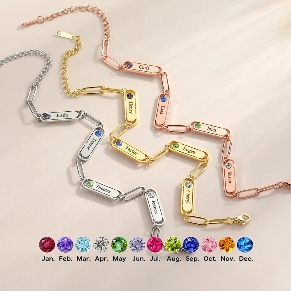 新款热销不锈钢椭圆片刻名字手链三色女式时尚百搭生辰石手环饰品