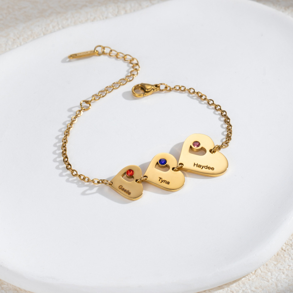 一件定制不锈钢跨境 浪漫DIY定制心形姓名 爱心彩色宝石点缀 手链