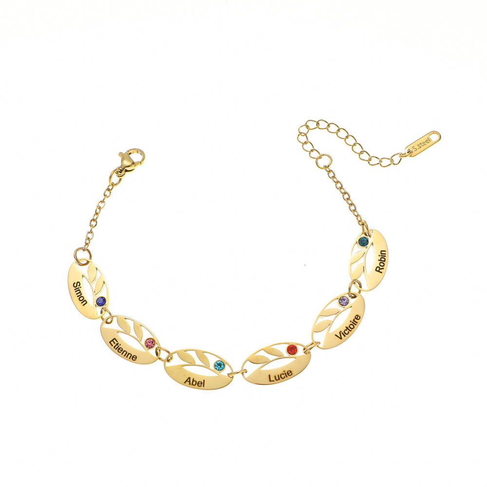 一件定制 亚马逊热销不锈钢椭圆镂空树叶生辰石手链 DIY激光刻字