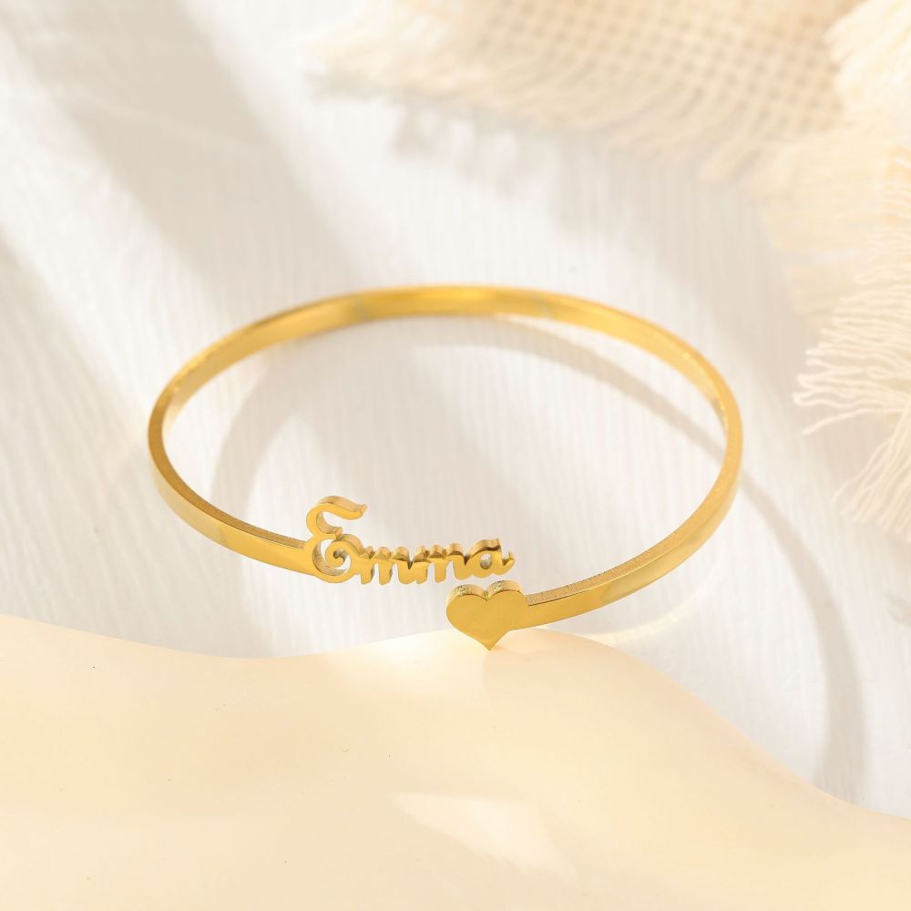 一件定制 不锈钢开口爱心英文字母手镯 个性化定制DIY名字手饰