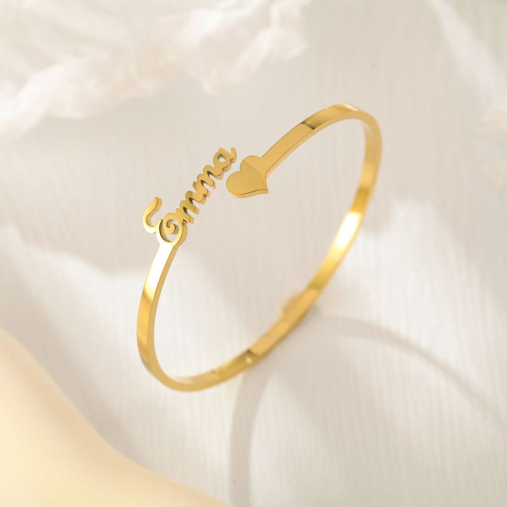 一件定制 不锈钢开口爱心英文字母手镯 个性化定制DIY名字手饰