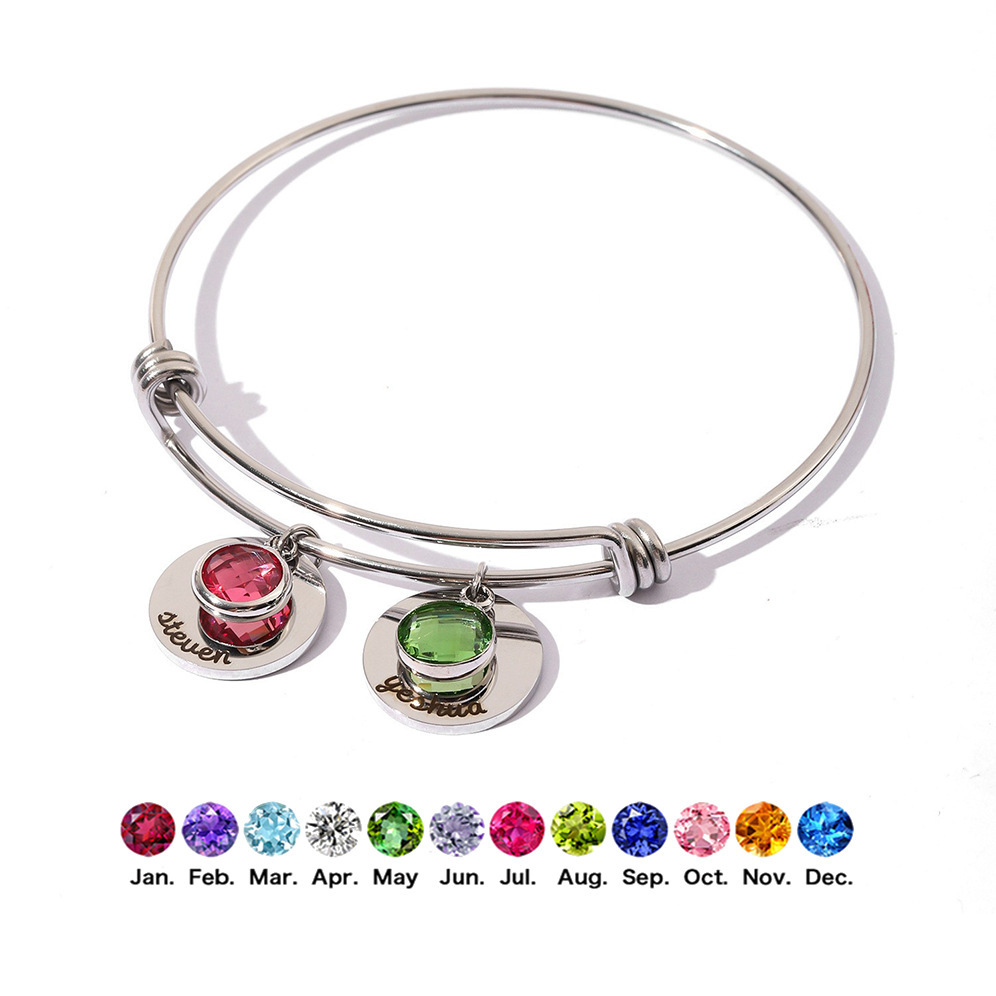 一件定制 十二生辰石圆片可伸缩手镯diy名字刻字不锈钢手环手圈