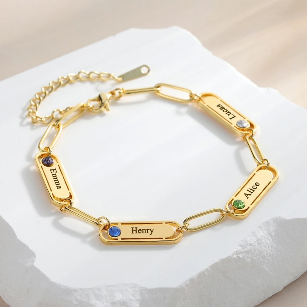 新款热销不锈钢椭圆片刻名字手链三色女式时尚百搭生辰石手环饰品