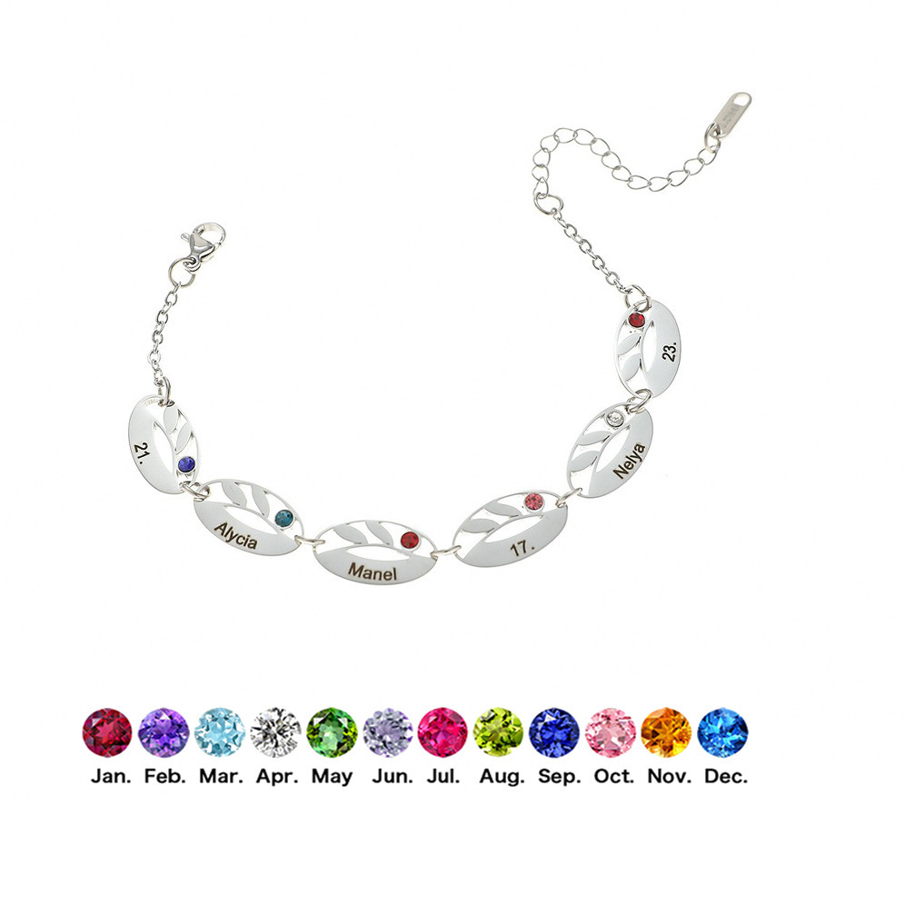 一件定制 亚马逊热销不锈钢椭圆镂空树叶生辰石手链 DIY激光刻字