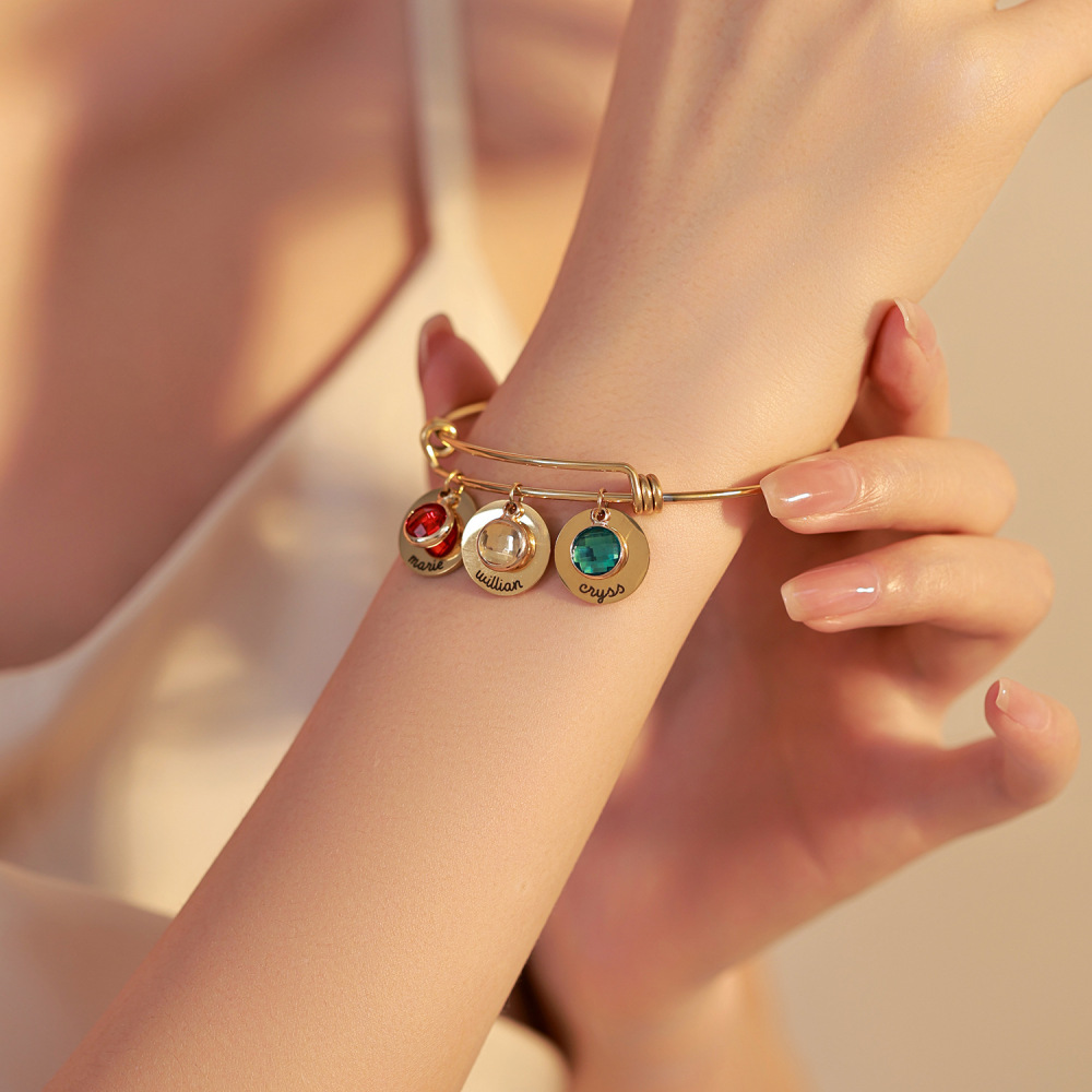 一件定制 十二生辰石圆片可伸缩手镯diy名字刻字不锈钢手环手圈