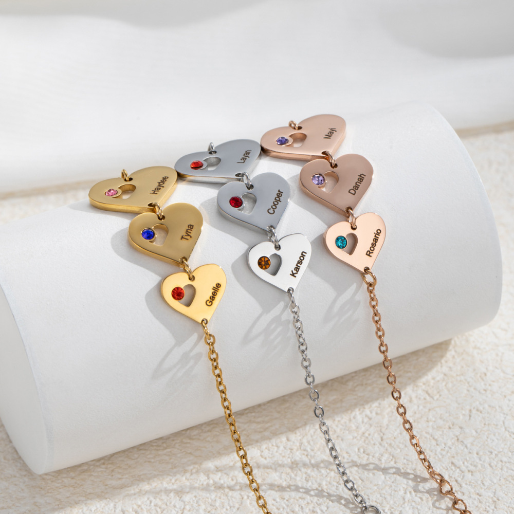 一件定制不锈钢跨境 浪漫DIY定制心形姓名 爱心彩色宝石点缀 手链