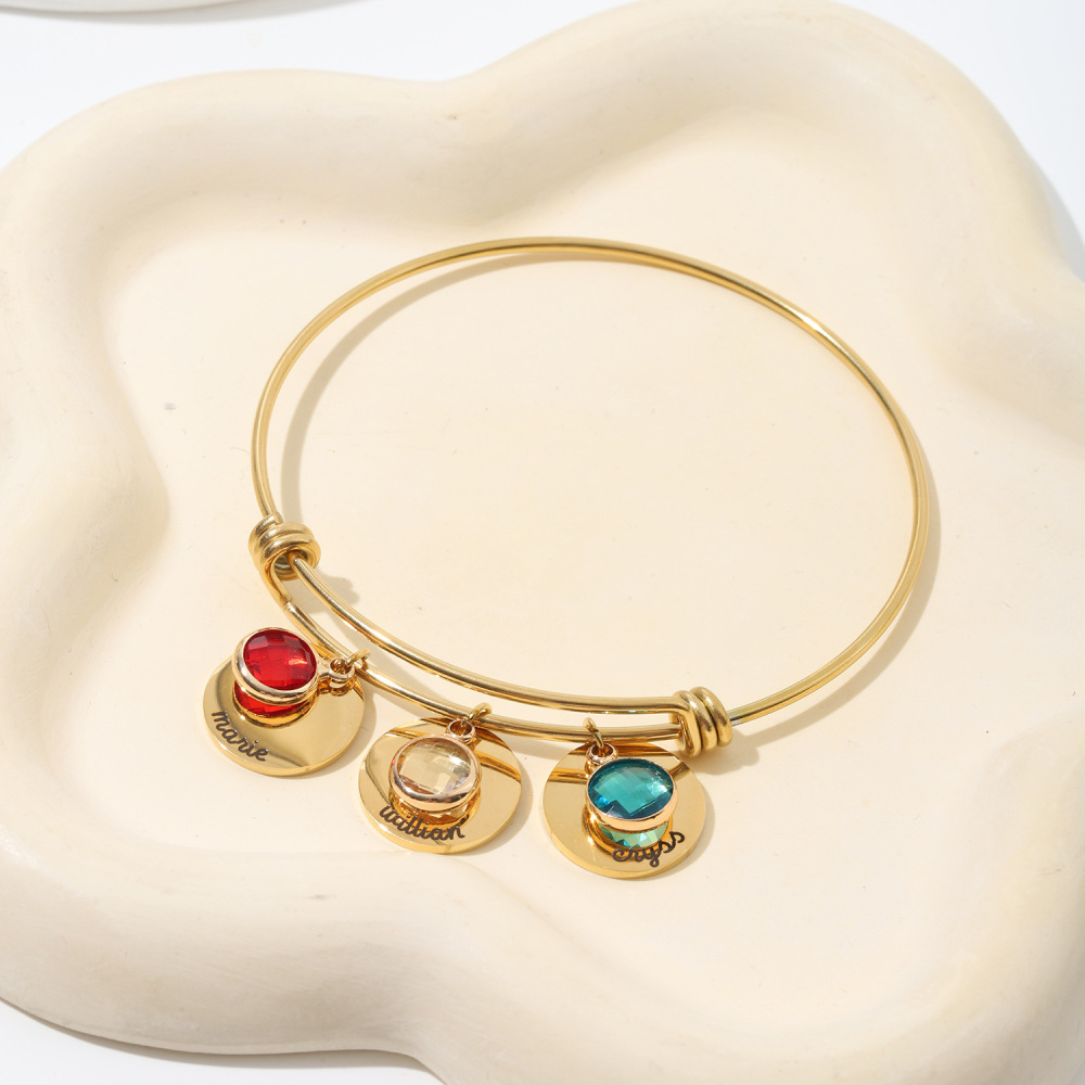 一件定制 十二生辰石圆片可伸缩手镯diy名字刻字不锈钢手环手圈