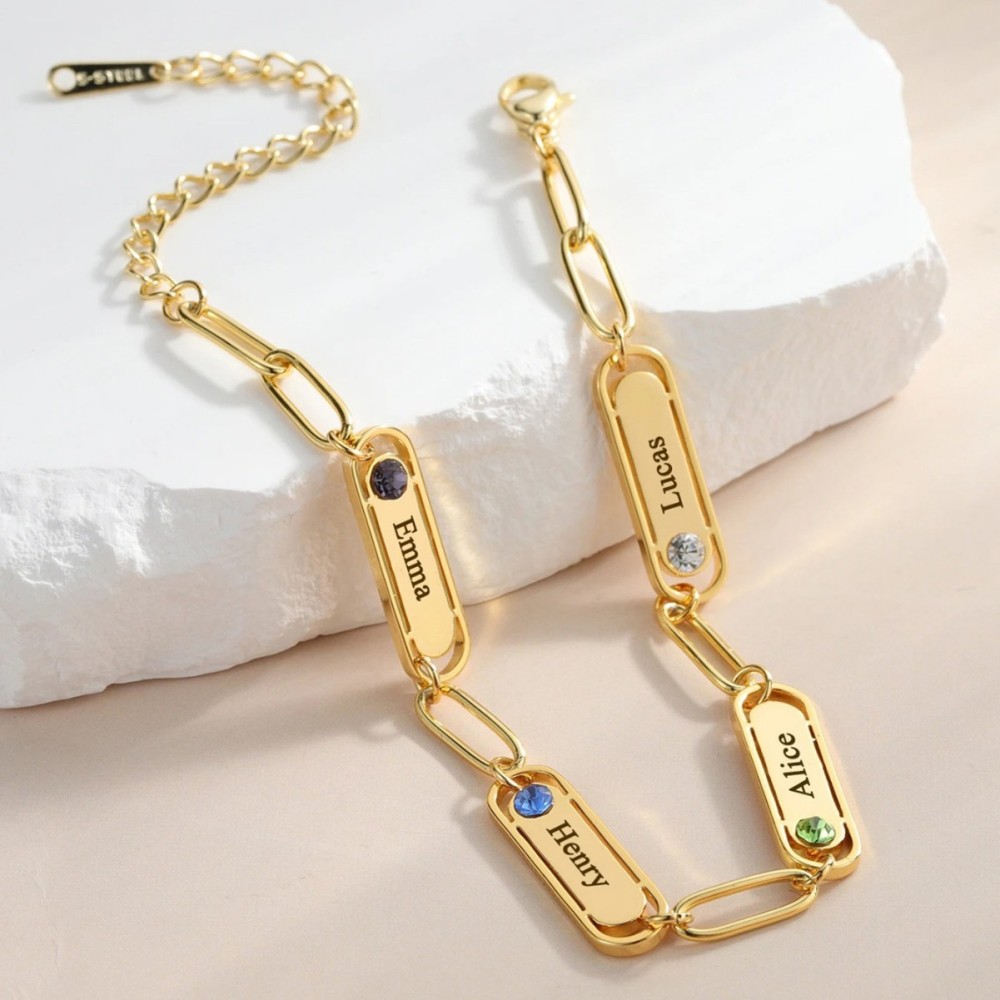 新款热销不锈钢椭圆片刻名字手链三色女式时尚百搭生辰石手环饰品