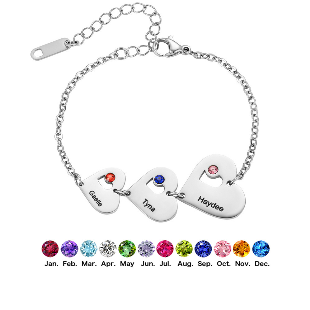 一件定制不锈钢跨境 浪漫DIY定制心形姓名 爱心彩色宝石点缀 手链