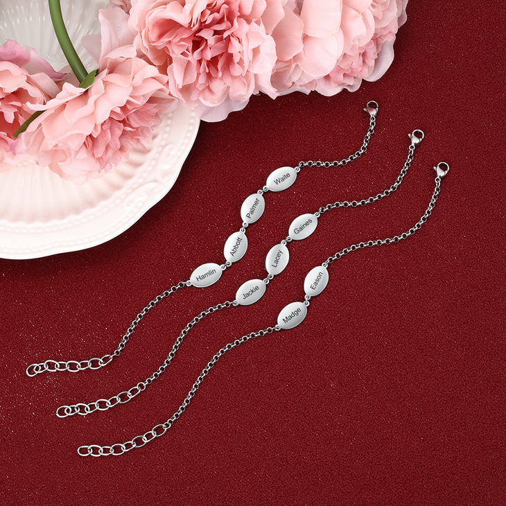 欧美款椭圆形激光打标手链定制不锈钢刻字纪念一件代发创意定制