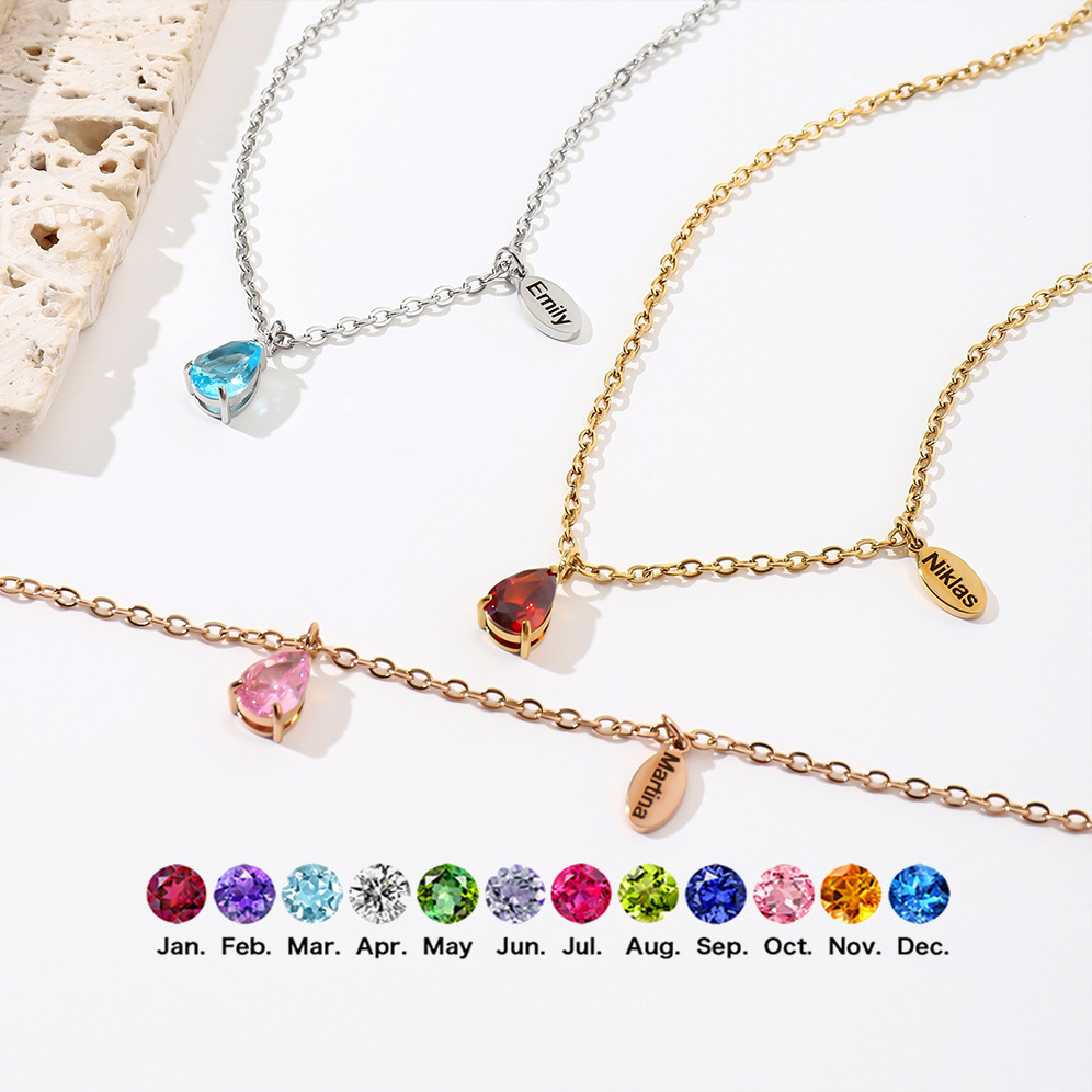 跨境热销 梨形水滴十二月生辰石项链不锈钢18k金色雕刻椭圆片项饰