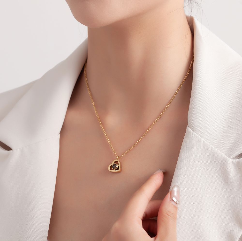 【私人定制】不锈钢正爱心投影照片项链宝石情侣彩色照片定制项链