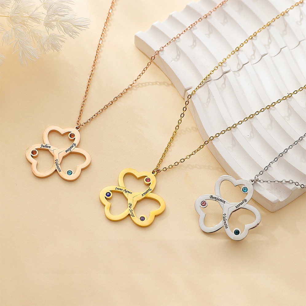 Three Hearts Name Necklace w/ Birthstone