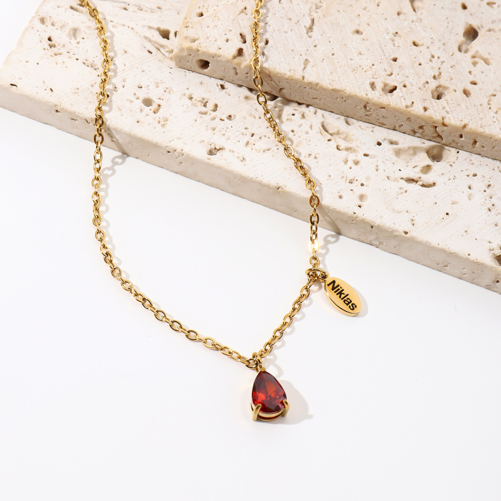 跨境热销 梨形水滴十二月生辰石项链不锈钢18k金色雕刻椭圆片项饰