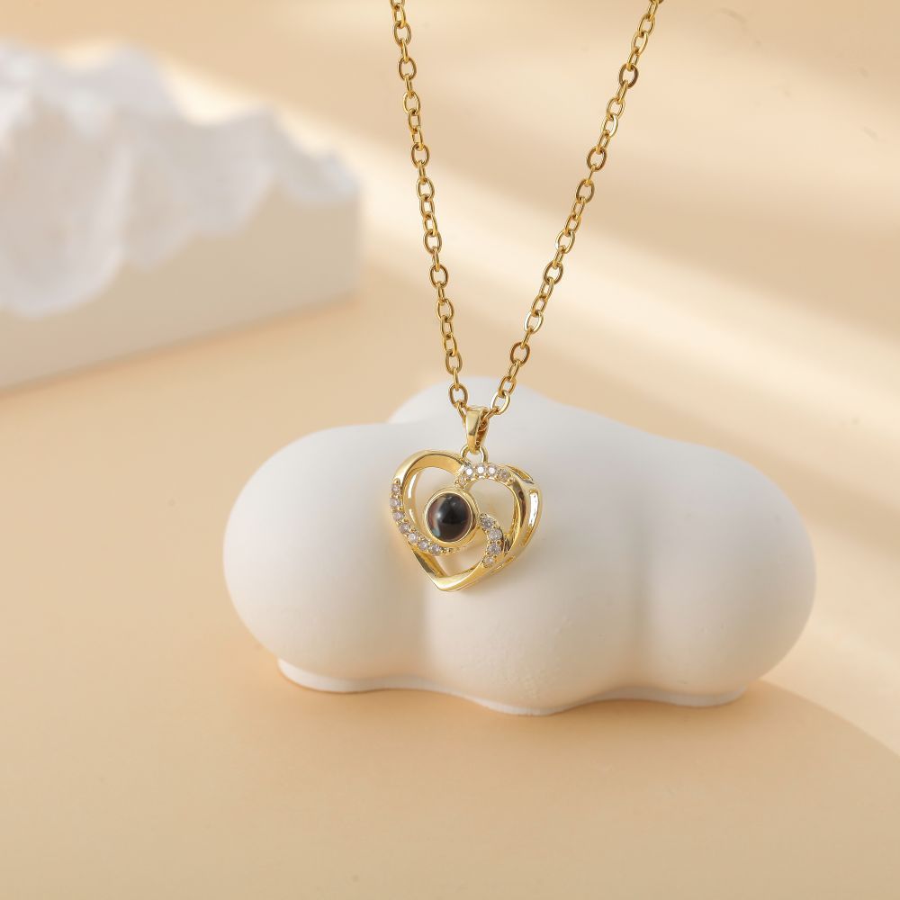 【私人定制】不锈钢镶钻爱心投影项链 宝石情侣彩色照片定制项链