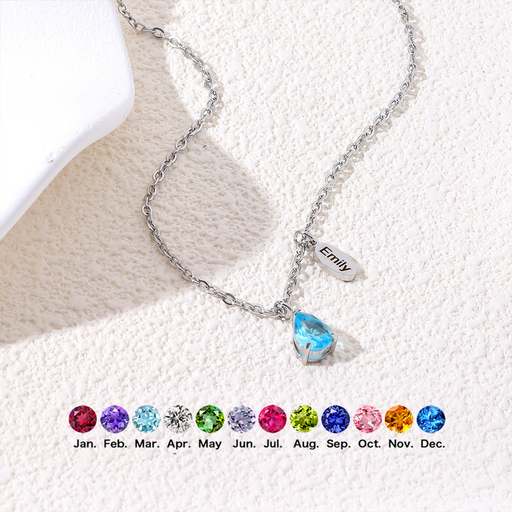 跨境热销 梨形水滴十二月生辰石项链不锈钢18k金色雕刻椭圆片项饰