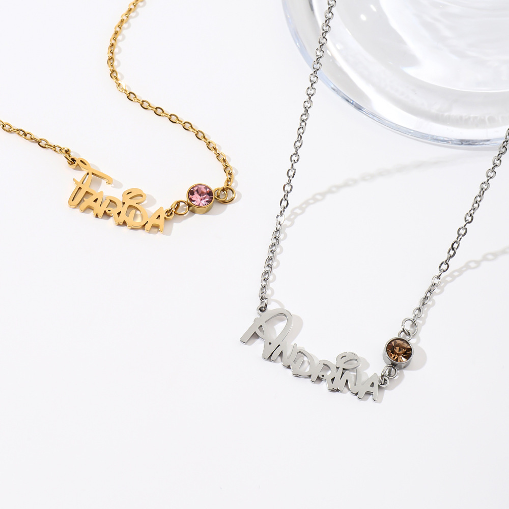 私人定制 不锈钢英文字母项饰DIY时尚十二月生辰石名字连接器项链