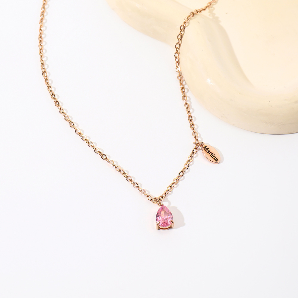 跨境热销 梨形水滴十二月生辰石项链不锈钢18k金色雕刻椭圆片项饰