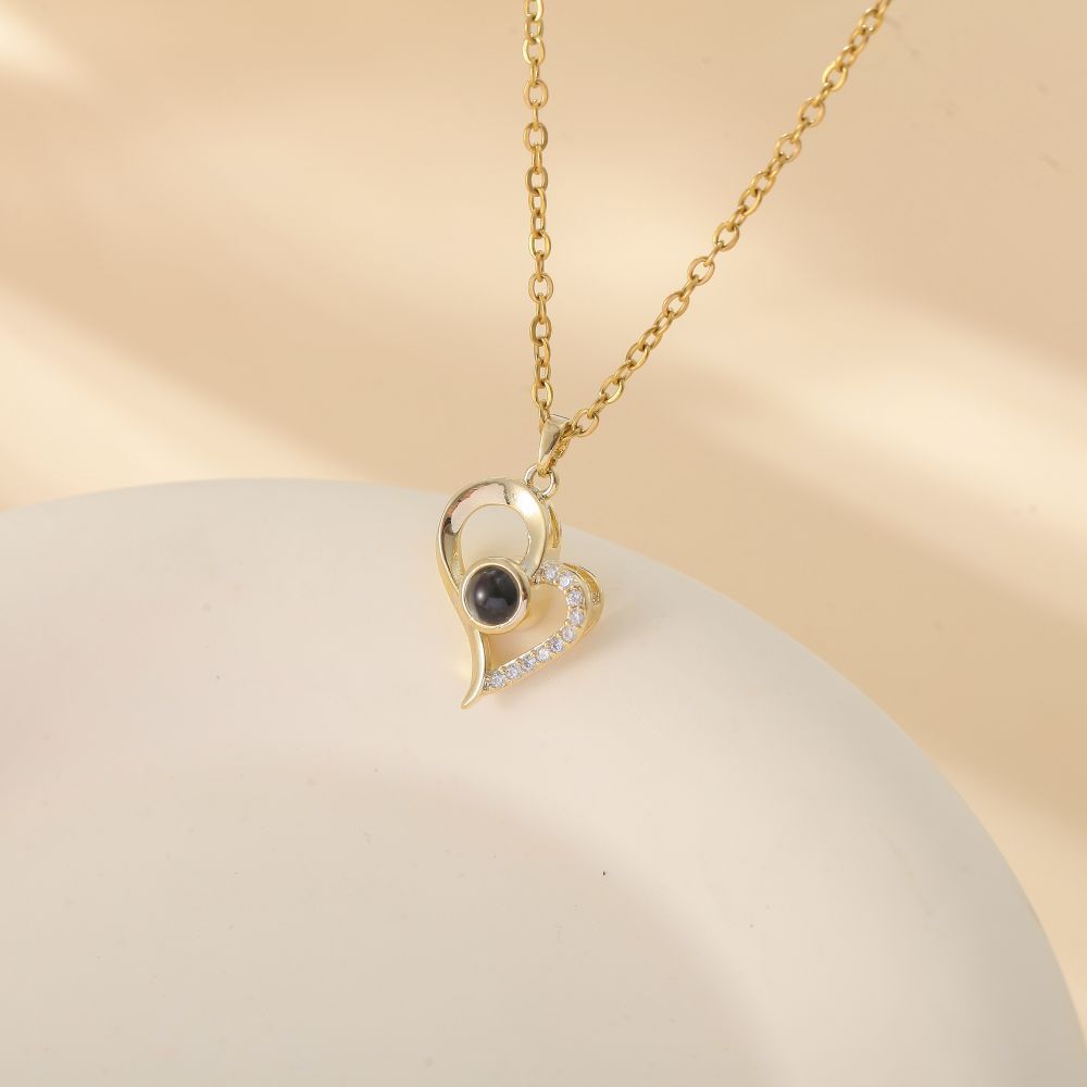 【私人定制】不锈钢镶钻歪桃心投影照片项链情侣彩色照片定制项链