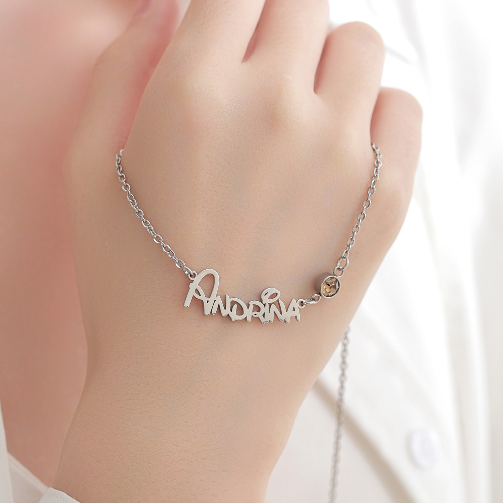 私人定制 不锈钢英文字母项饰DIY时尚十二月生辰石名字连接器项链