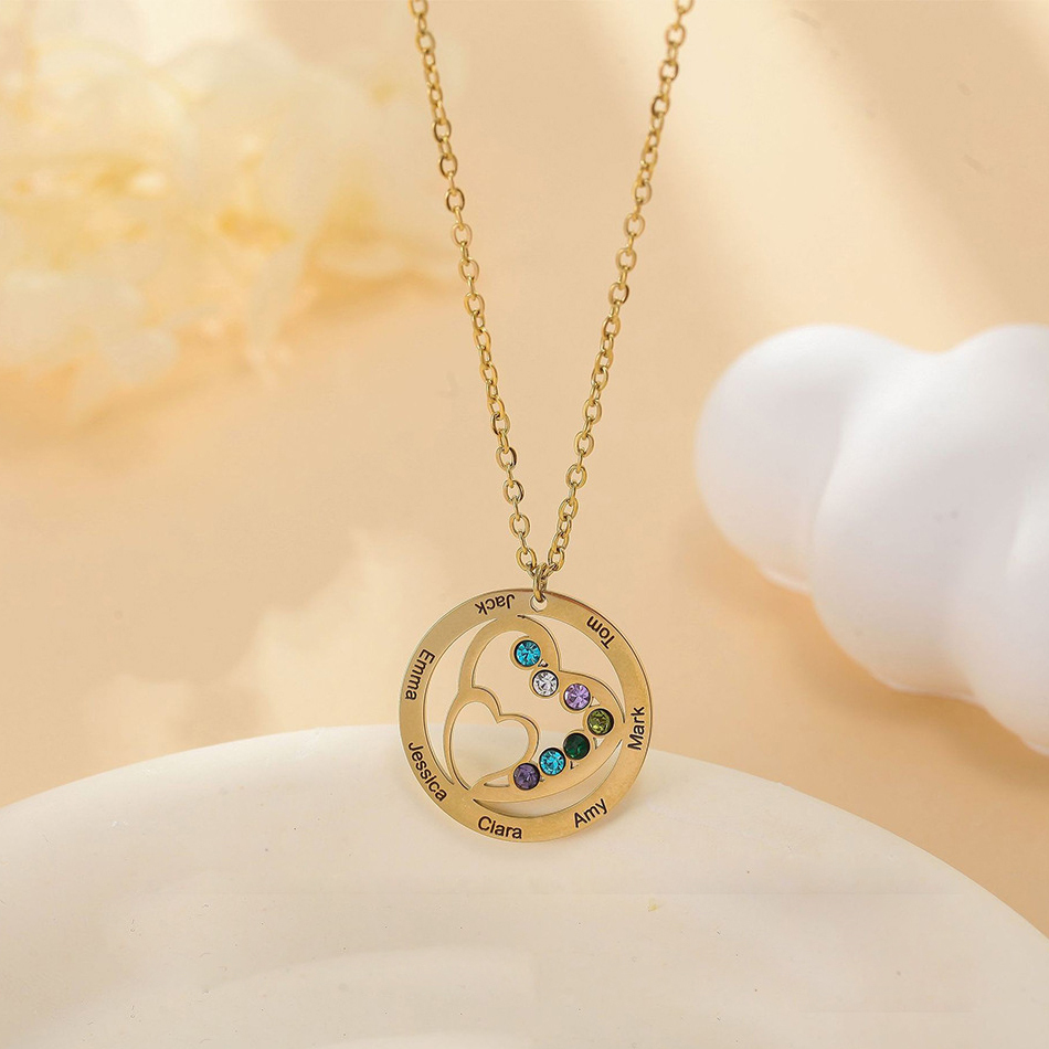 Custom Twelve Birthstone Love Heart Family Name Necklace