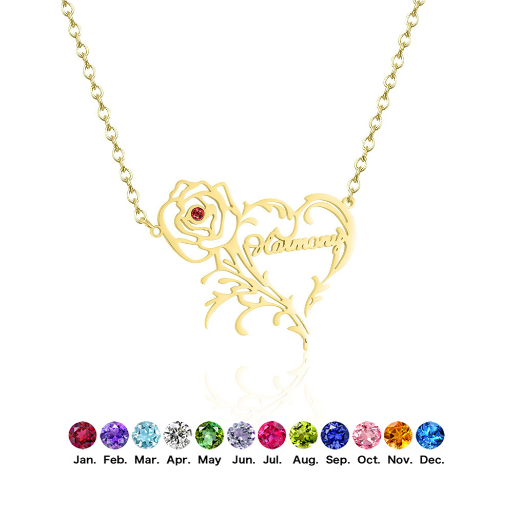 【私人定制】创意礼物不锈钢项链 电镀18K金玫瑰花生辰石字母项链