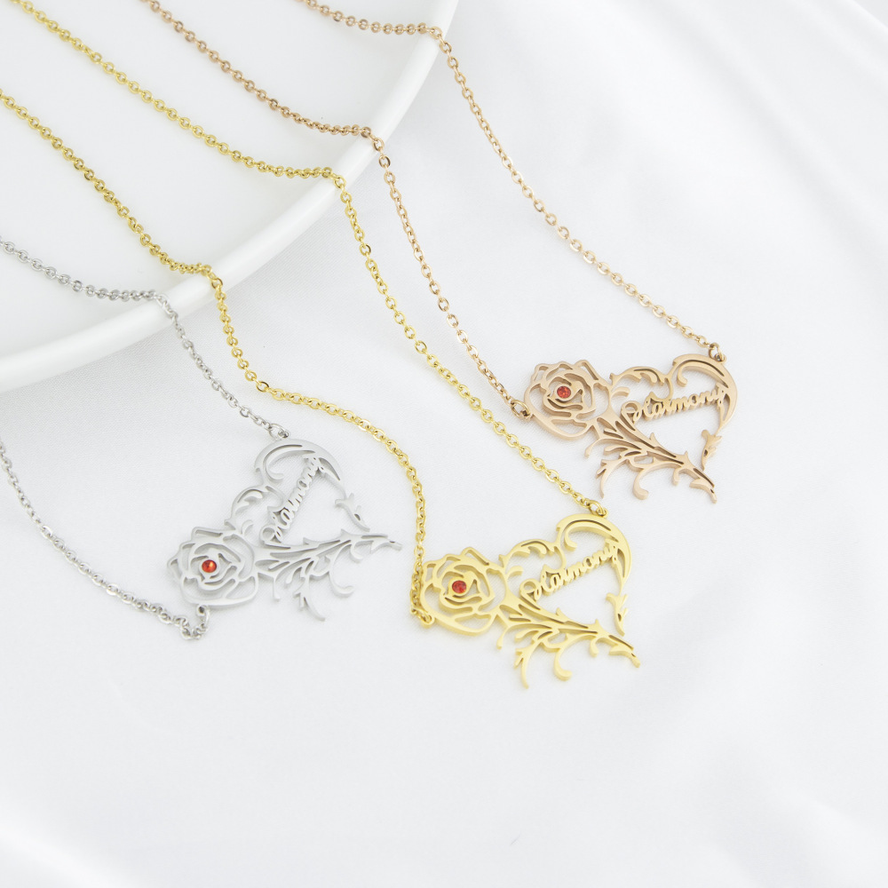 【私人定制】创意礼物不锈钢项链 电镀18K金玫瑰花生辰石字母项链