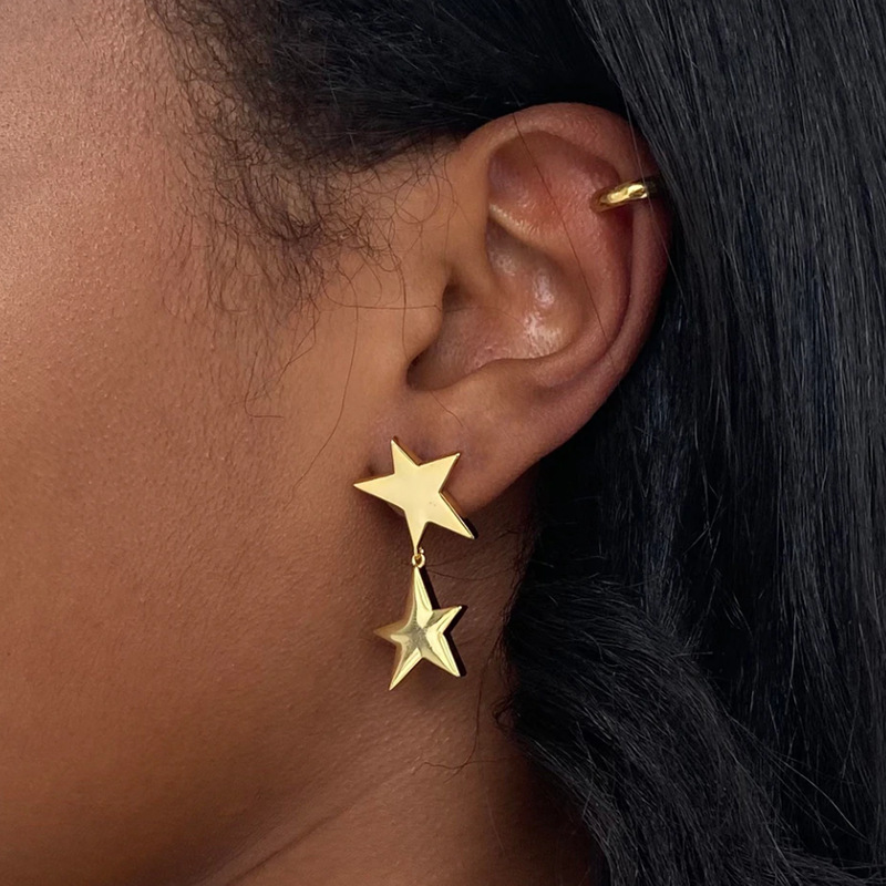 New Arrival Trendy Stainless Steel Jewelry Star Earring 18K Gold Plated Cute Double Pentastar Dangle Earrings for Women
