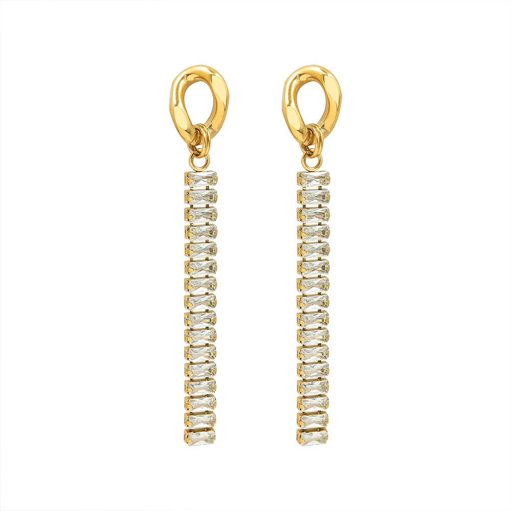 Iviapro Fashion 18K Gold Plated Clear Statement Party Cubic Zircon Long Stainless Steel Earrings Waterproof Jewelry for Women