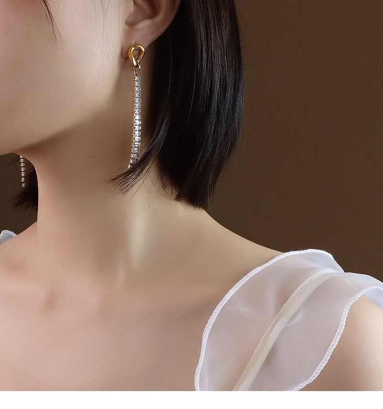 Iviapro Fashion 18K Gold Plated Clear Statement Party Cubic Zircon Long Stainless Steel Earrings Waterproof Jewelry for Women