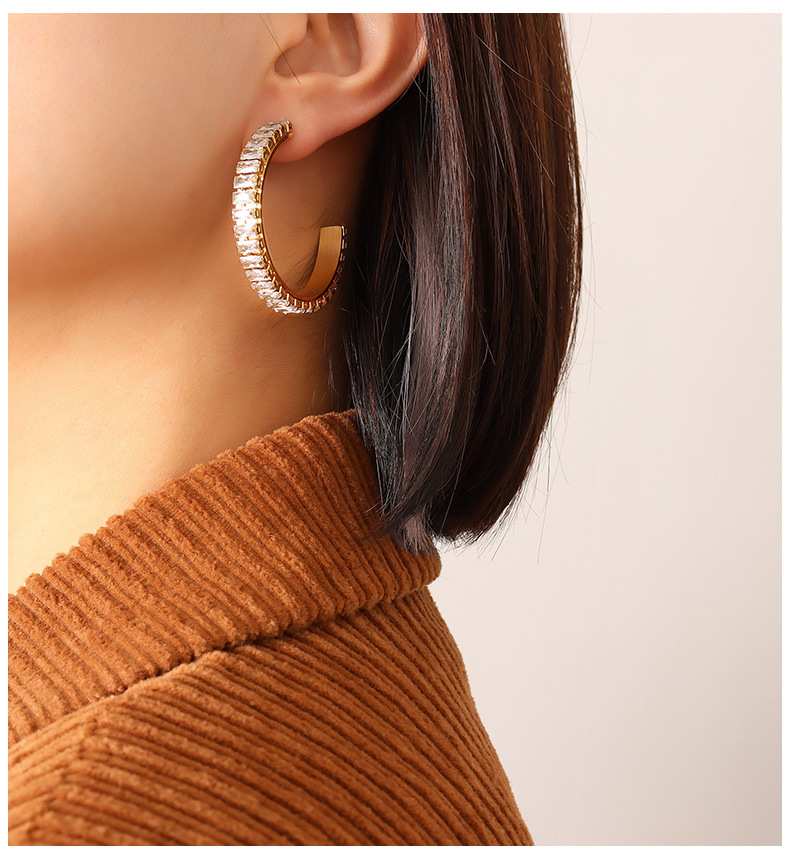 Trendy Elegant Luxury 18k Gold Plated High Quality Cubic Zircon Party Big Hoop Earrings Stainless Steel Jewelry for Women