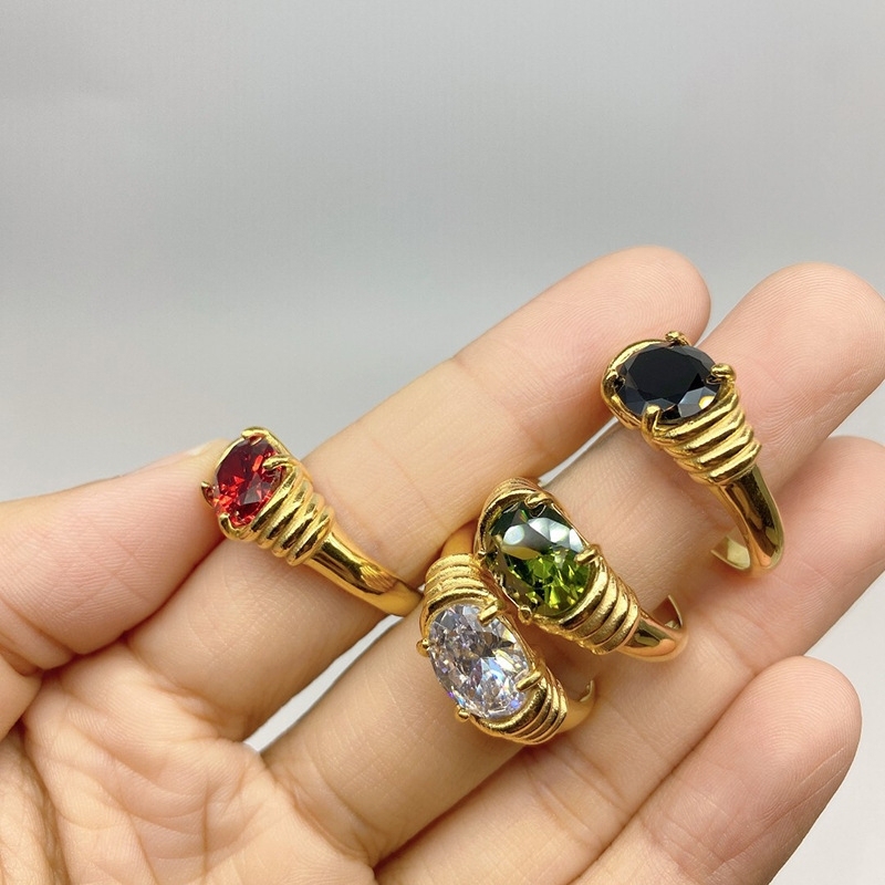 Hot Selling Tarnish Free 18k Gold Plated Stainless Steel Waterproof Big Colorful Zircon Custom Jewelry Rings for Women