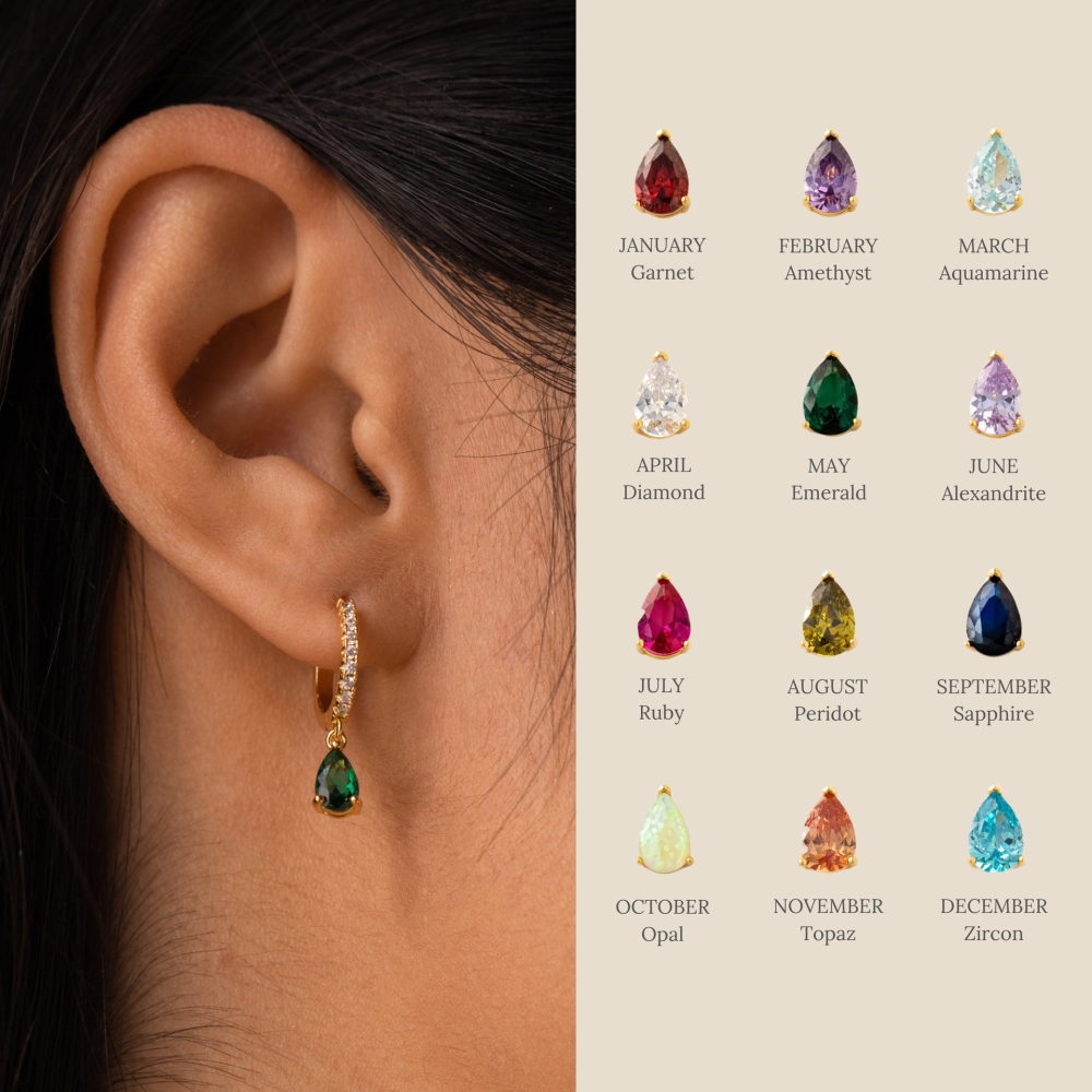 Hot Selling Minimalist Birthday Gift 14K Gold Plated Gemstone Earrings Teardrop Birthstone Hoop Earrings for Women