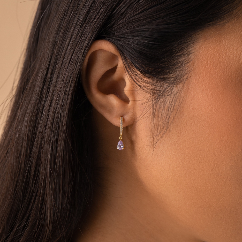 Hot Selling Minimalist Birthday Gift 14K Gold Plated Gemstone Earrings Teardrop Birthstone Hoop Earrings for Women