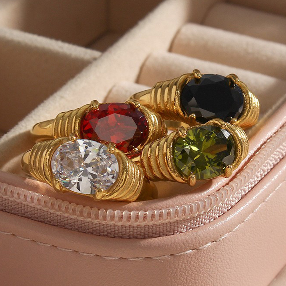 Hot Selling Tarnish Free 18k Gold Plated Stainless Steel Waterproof Big Colorful Zircon Custom Jewelry Rings for Women