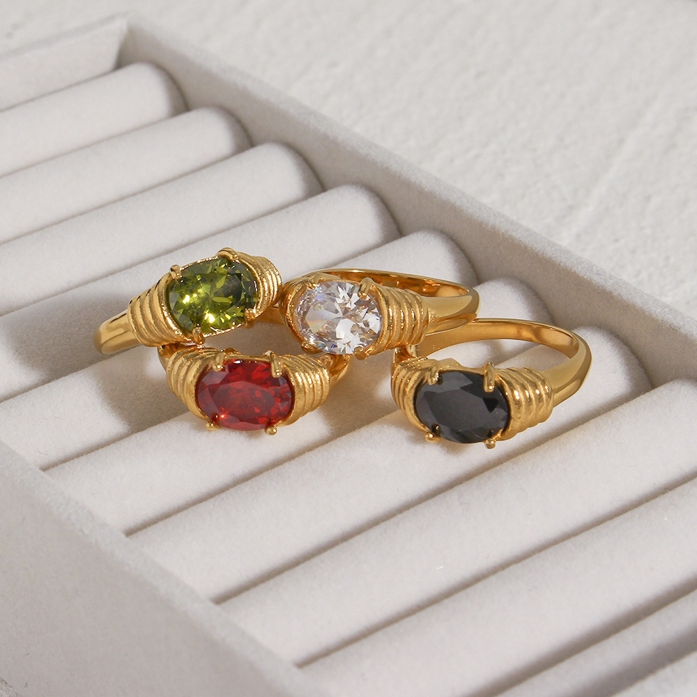Hot Selling Tarnish Free 18k Gold Plated Stainless Steel Waterproof Big Colorful Zircon Custom Jewelry Rings for Women