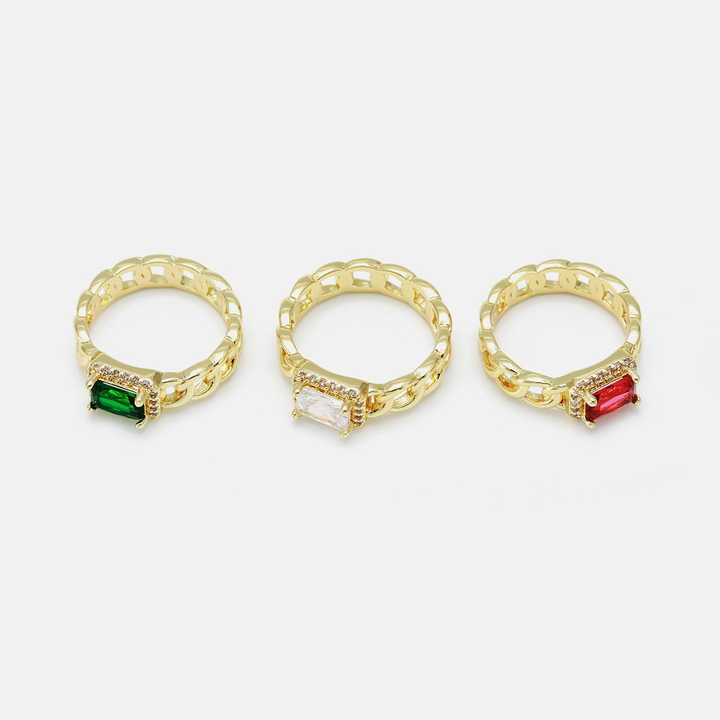 Fashion Jewelry Brass with 18K Gold Plated Link Chain Colorful Rectangle Shaped Zircon Rings for Women