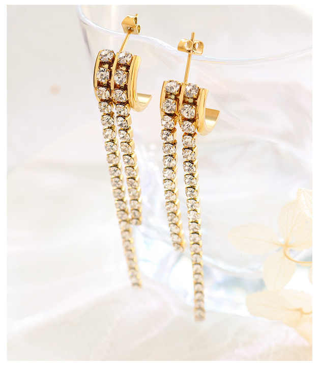 IVIAPRO Jewelry 18K Gold Plated Tarnish Free & Waterproof Long Luxury Clear Zircon Tassel Earrings Stainless Steel Jewelry