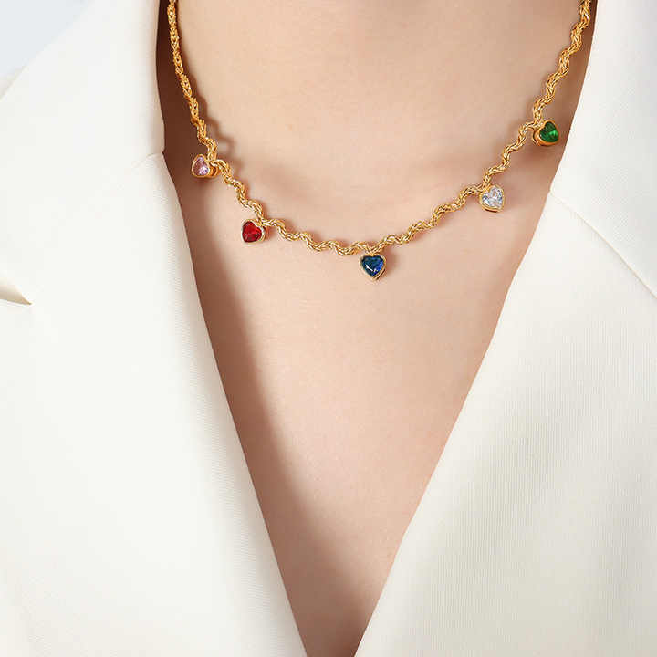 Fashion Jewelry Brass Rope Chain 18K Gold Plated Stainless Steel  Colorful Cubic Zirconia Hearts Charm Necklace for Women