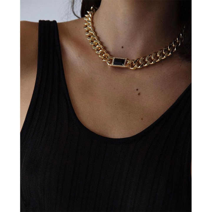 Fashion Jewelry Elegant Brass Gold Plated Cubic Zircon Black Rectangle Stone Cuban Chain Necklace