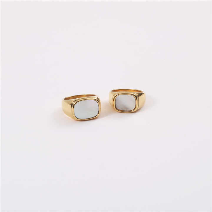 Trendy Minimalist Style 18K PVD Gold Plated Tarnish Free & Water Resistant White Shell Rings Stainless Steel Jewelry for Women