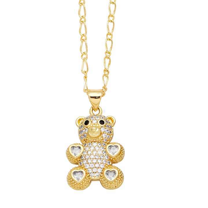 Fashion Jewelry Wholesale New 18K Plated Cubic Zircon Animal Jewelry Cute Bear Pendant Necklace for Girls