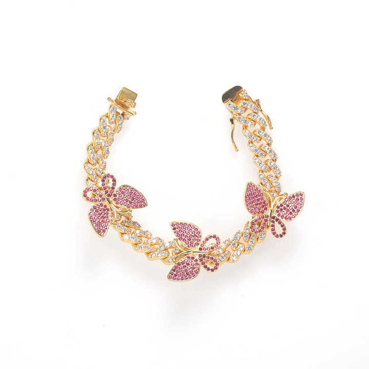 Fashion Jewelry Luxury Cuban Chain Three Butterfly Hip Hop Style CZ Bracelets for Women