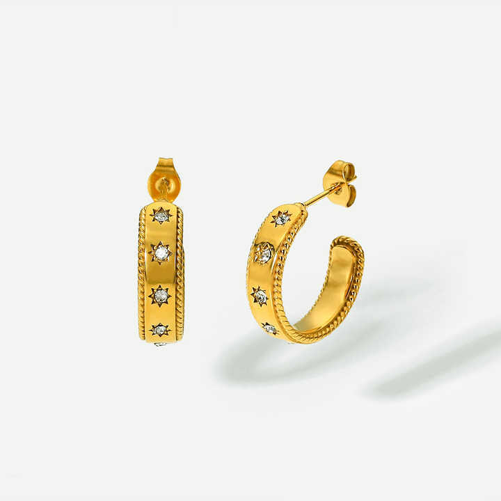 Fashion Jewelry 18K Gold Plated Stainless Steel Hoop Earrings C-shaped Star Zircon Earrings for Women