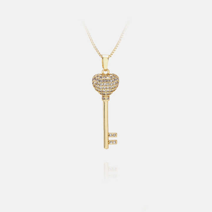 Fashion Jewelry Wholesale 18k Gold Plated Cubic Zirconia Heart Key Pendant Necklaces for Women