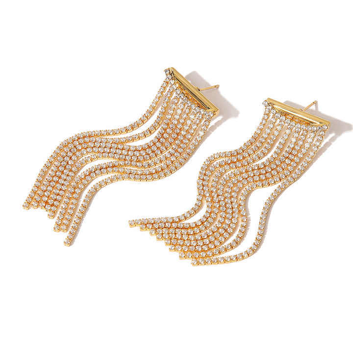 Fashion Jewelry Wholesale French Exclusive Stainless Steel 18K Gold Plated Zircon Dainty Long Tassel Earrings for Women