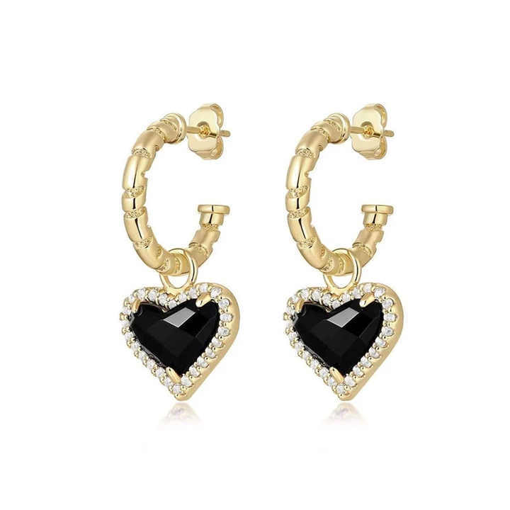 IVIAPRO New Arrival Fashion Jewelry 18K Gold Plated Black Agate Heart Pendant Hoop Earrings for Women