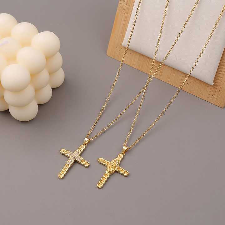 Fashion Jewelry Wholesale Brass with 18K Gold Plated Cubic Zirconia Cross Pendant Necklace Hip Hop Jewelry Virgin Mary Necklace
