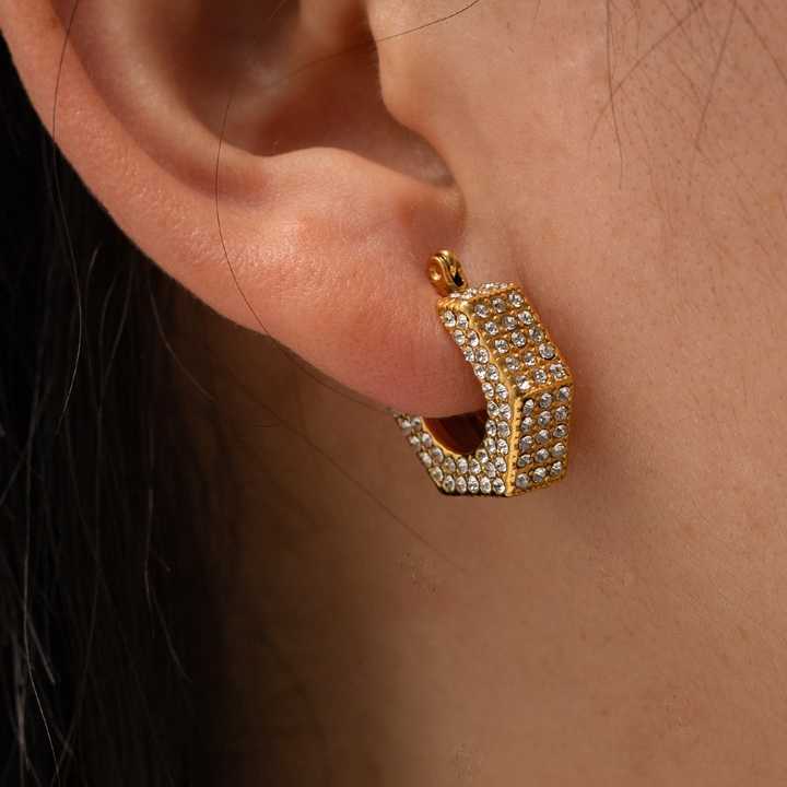 Trendy Personalized Tarnish Free & Waterproof Stainless Steel Gold Plated Cubic Zirconia U-shaped Hoop Earrings