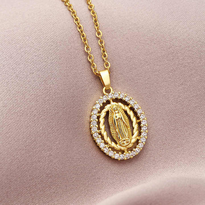 Hot Selling Religious Jewelry 18K Gold Plated Cubic Zirconia Virgin Mary Pendant Necklace Hip Hop CZ Virgin Mary Necklace